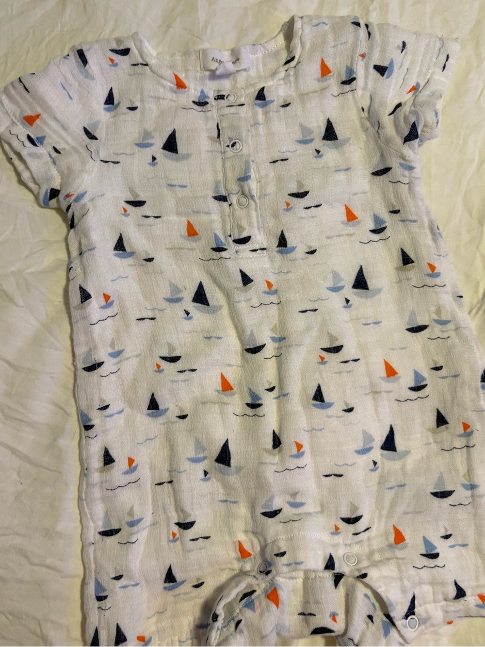 Angel Dear White Baby Romper with Navy & Orange Sailboat Print